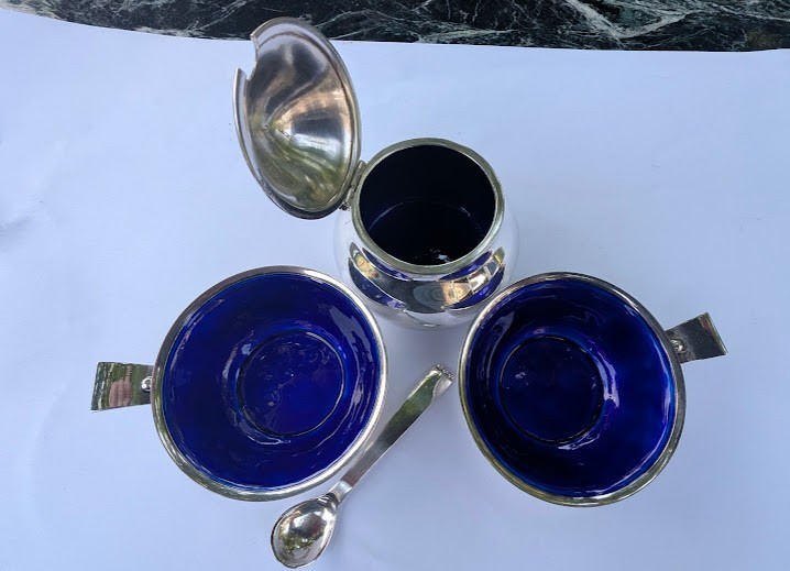 Enameled - Sterling Silver Rolf Bratland Open Salt 3pc set Denmark c1946