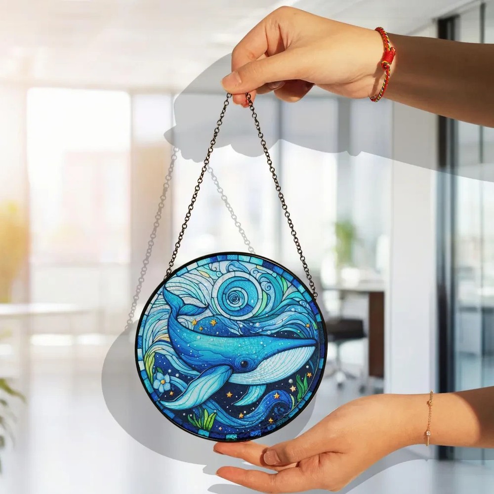 Personalized Blue Whale Stained Glass Suncatcher, Decor Gift