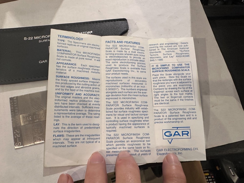 GAR S-22 Microfinish Comparator Plate, Case, Instructions