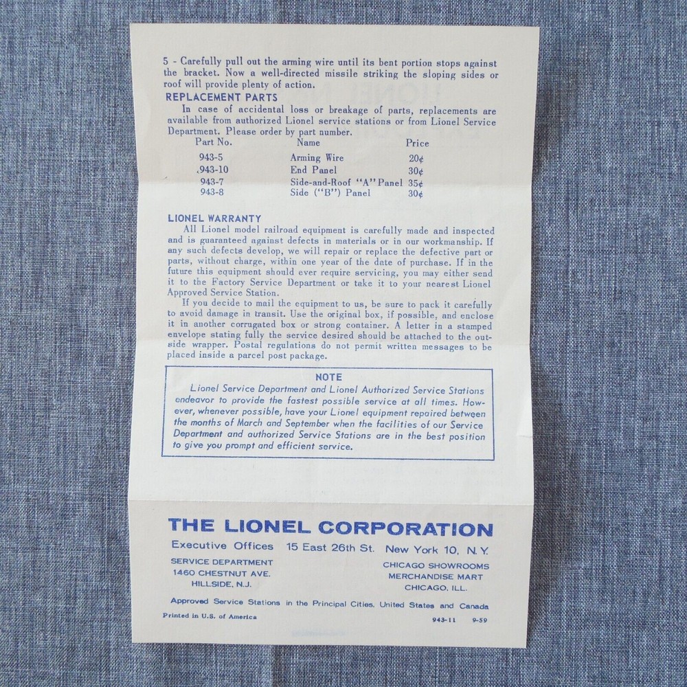 1959 Lionel No. 943 Exploding Bunker Instruction Sheet Model Railroad Train #1