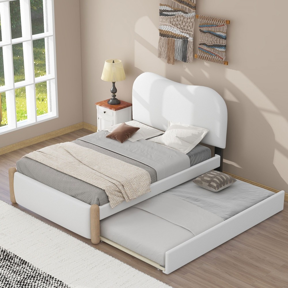 Twin/Full Size Bed Frame Upholstered Platform Bed Frame with Twin Size Trundle