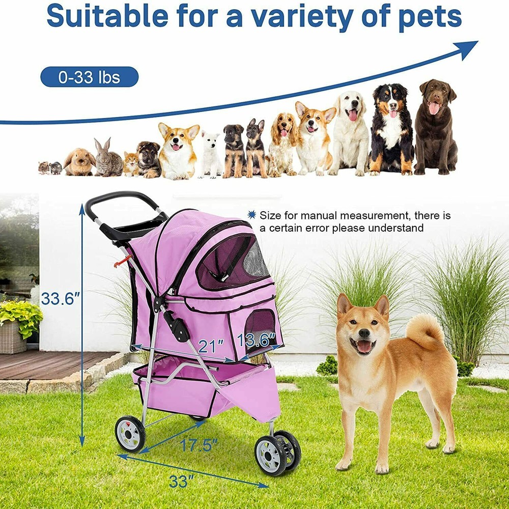 3 Wheels Pet Stroller Folding Cat Stroller w/Durable Wheels Dog Travel Stroller