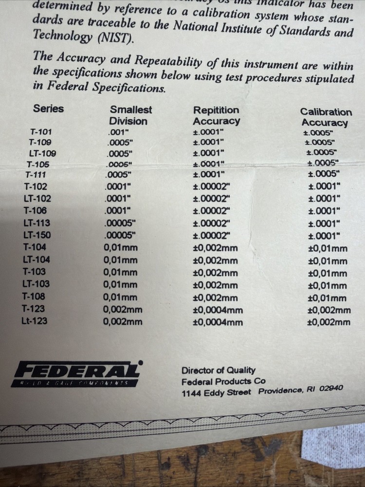Federal LT-102 .0001 Testmaster Dial Indicator U.S.A.