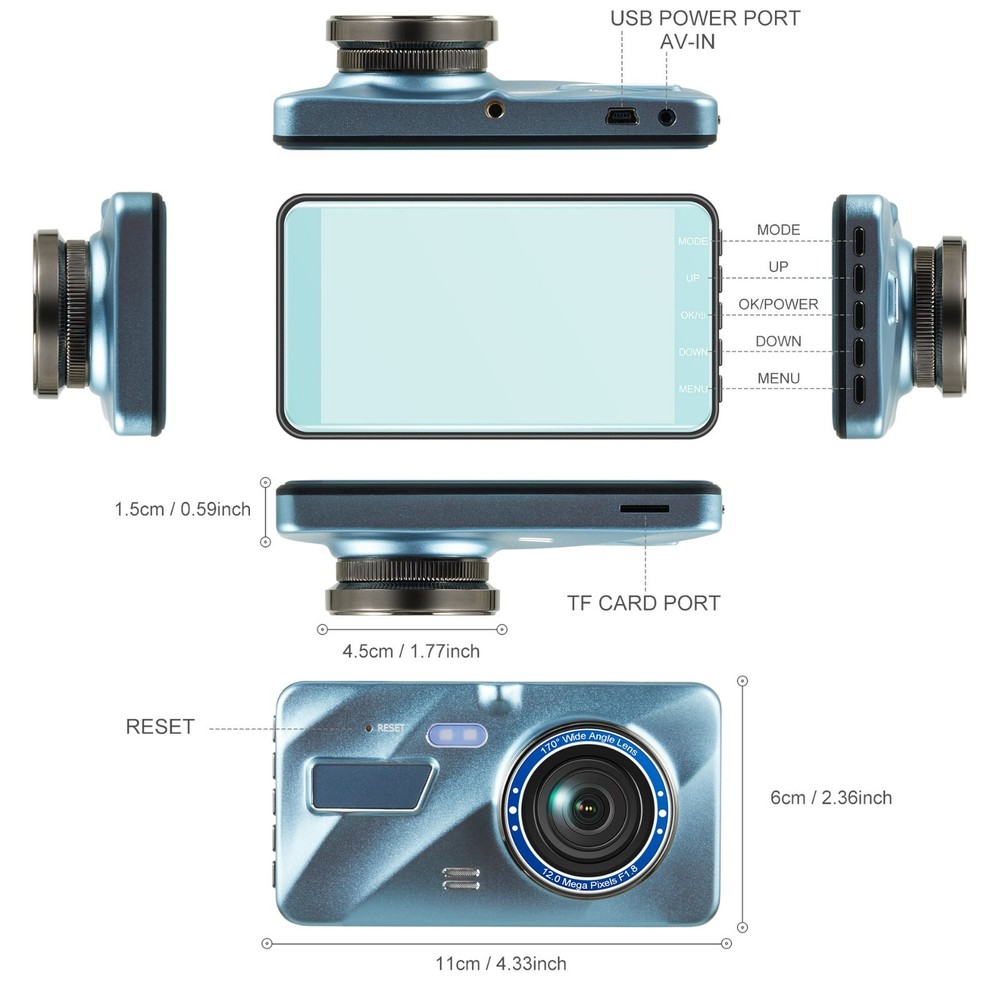 4" Screen + 2 Len Car Dash Cam 1080P Camera Video Record Wide Angle Night Vision