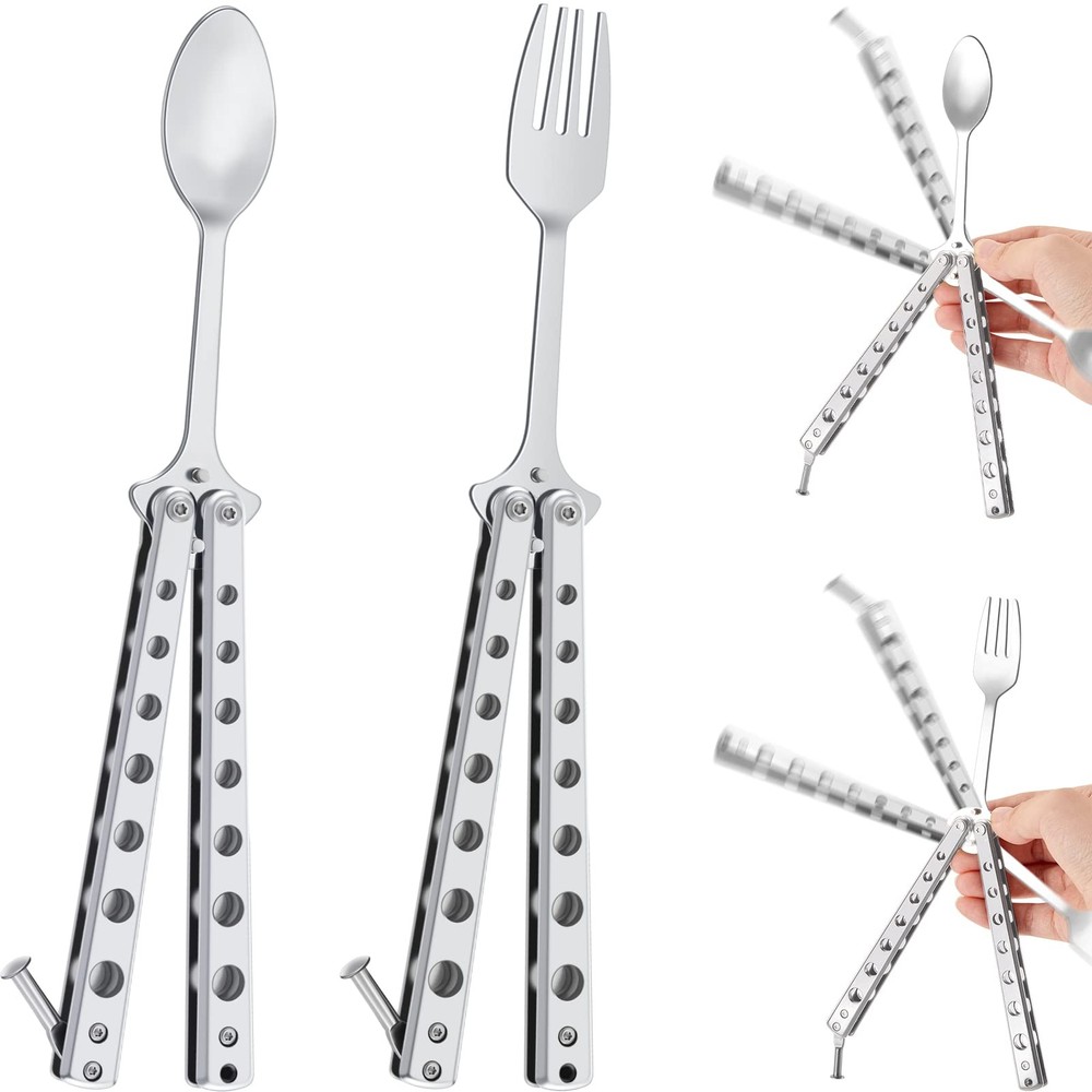 Flutesan 2 Pcs Butterfly Fork and Spoon Set, Tactical one size, Silver