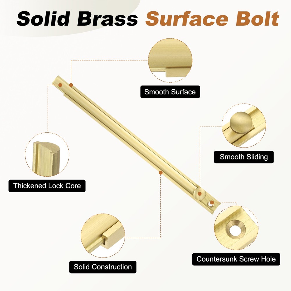 8" Solid Brass Surface Bolt, Brushed Slide Latch Door Lock, Gold Tone