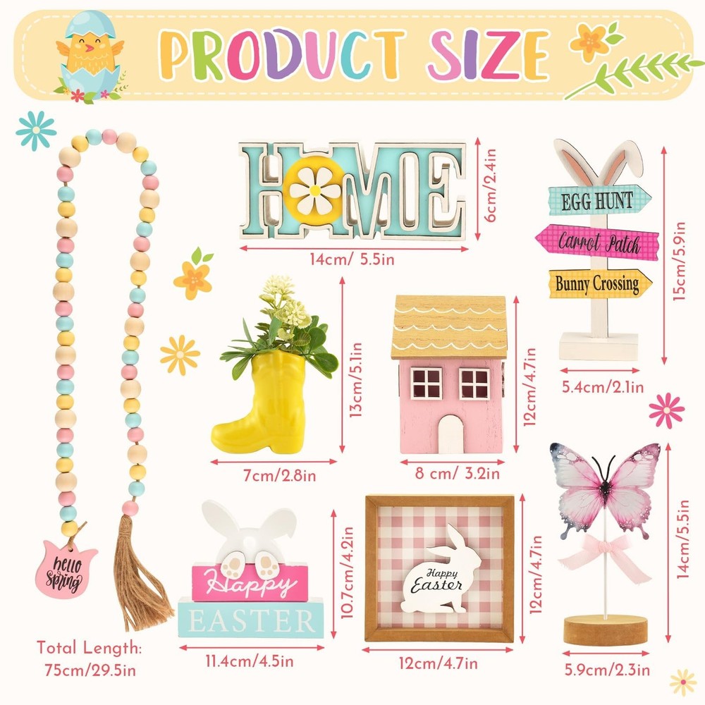 Spring Easter Decorations 8 Pieces Tiered Tray Decor Set, Cute Tabletop Easte...