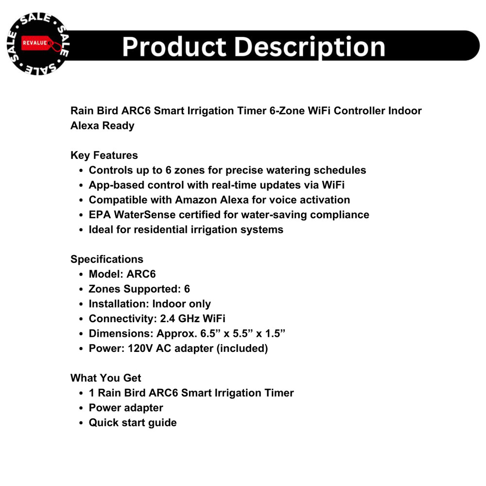 Rain Bird ARC6 Smart Irrigation Timer 6-Zone WiFi Controller Indoor Alexa Ready