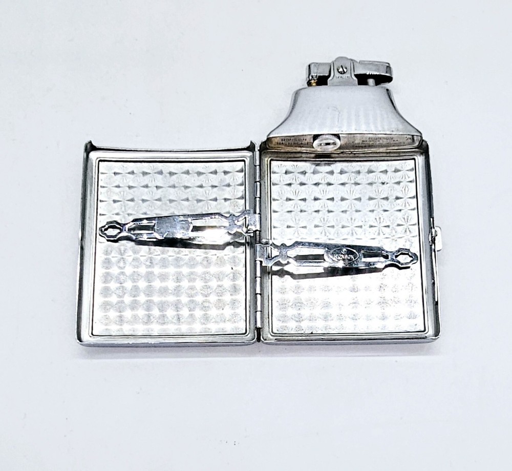 Ronson Cigarette Lighter & Case Combo w Pouch Art Deco Chrome Plated Mastercase
