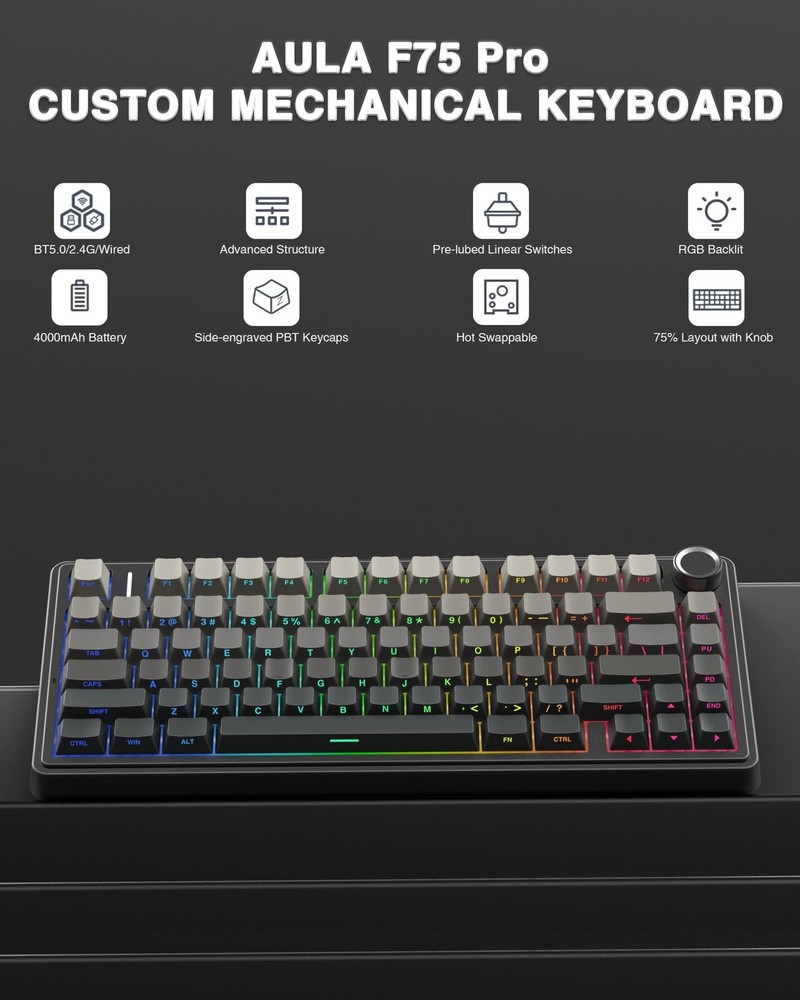 AULA F75 Pro Wireless Mechanical Keyboard,75% Hot Swappable Custom Keyboard w...