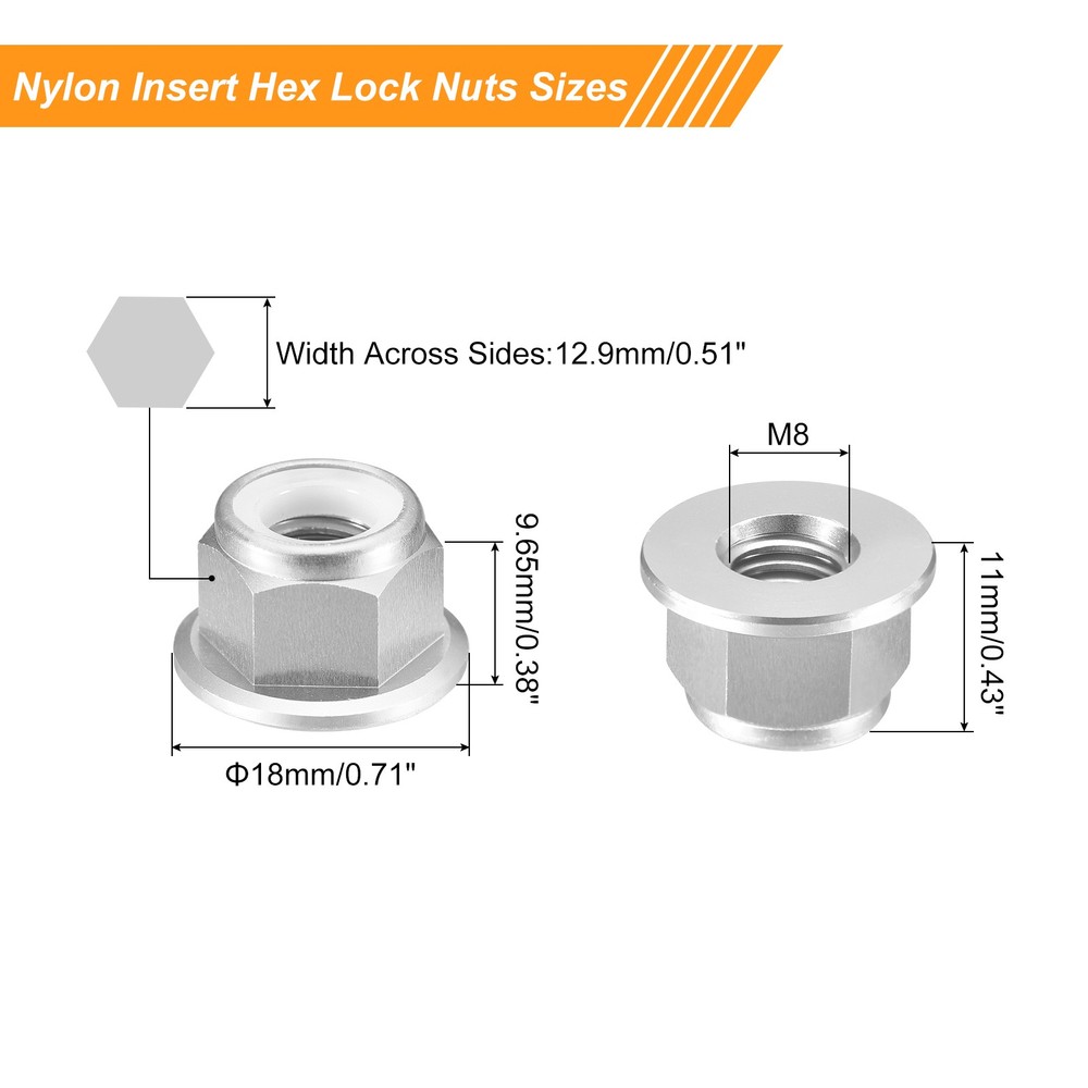Nylon Insert Hex Lock Nuts, 8pcs - M8x1.25mm Self-Locking Nut(Silver)