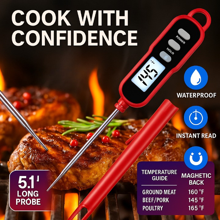 Waterproof Digital Meat Thermometer Instant Read Long Probe BBQ Grill Cooking