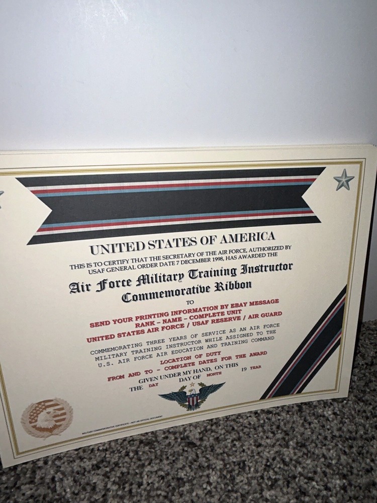 U.S. AIR FORCE TRAINING INSTRUCTOR COMMEMORATIVE CERTIFICATE ~ W/PRINTING TYPE-1