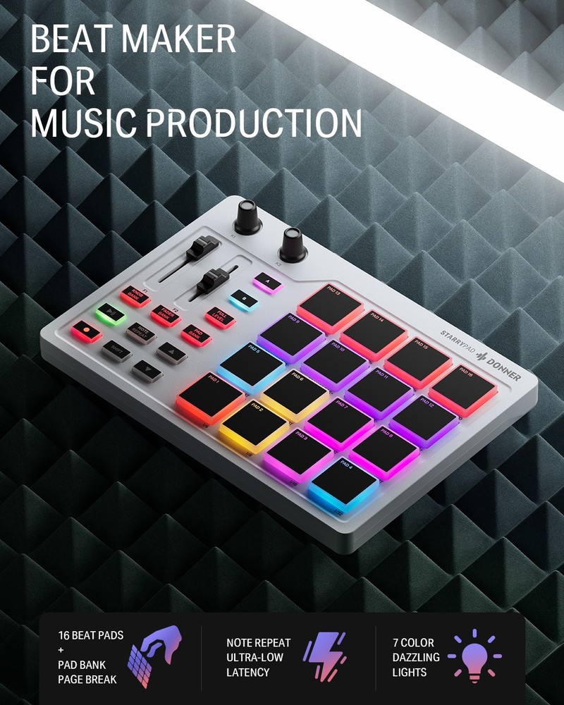 Donner STARRYPAD Professional MIDI Drum Machine 16 Beat Pad USB Controller White