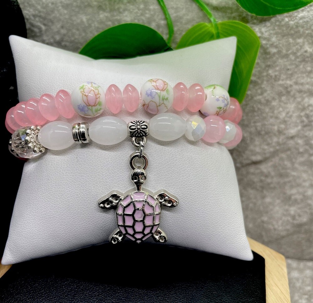 2 PC Handmade Boho  Beaded Stackable 7” Plus Stretch Bracelet Set New B1368