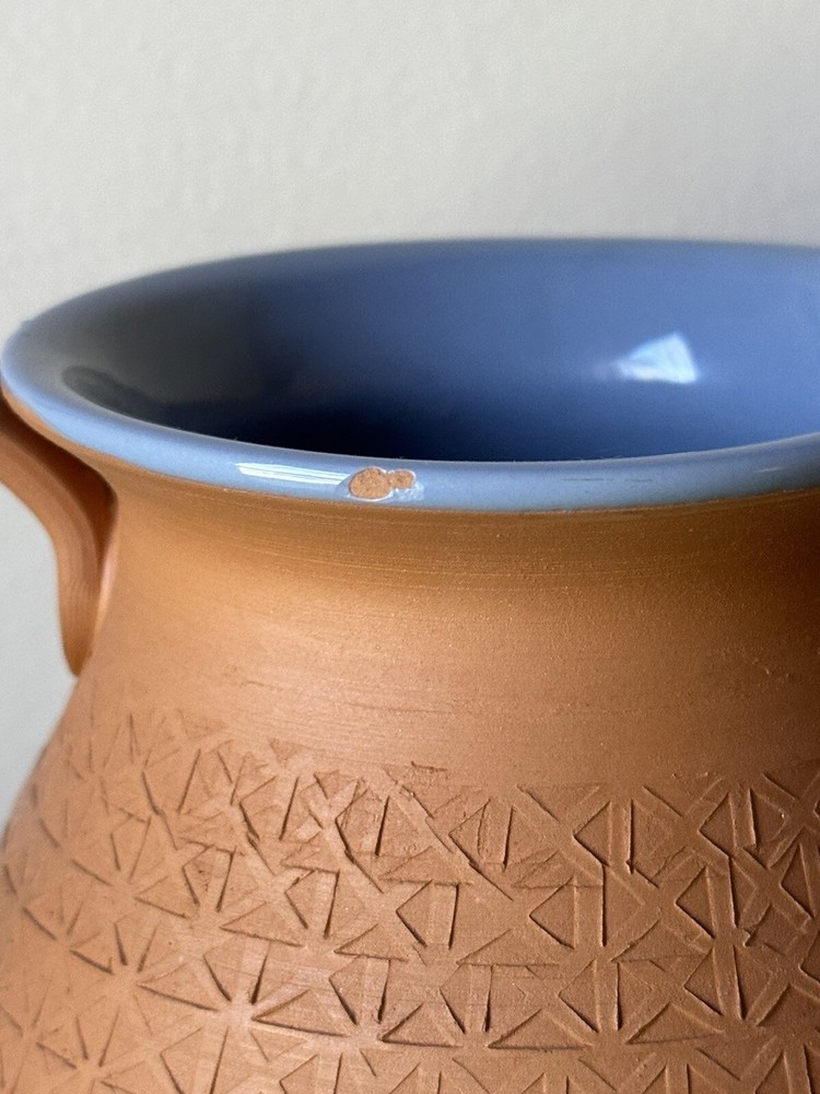 Vintage Terracotta Pitcher With Blue Glazed Interior