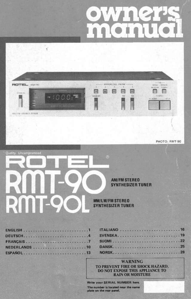 Rotel RMT-90L Tuner Owners Manual