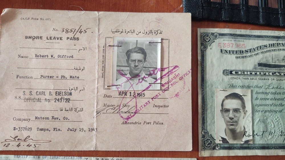 WW2 Document Grouping Robert Gifford Dept Commerce /Coast Guard , Egypt Pass