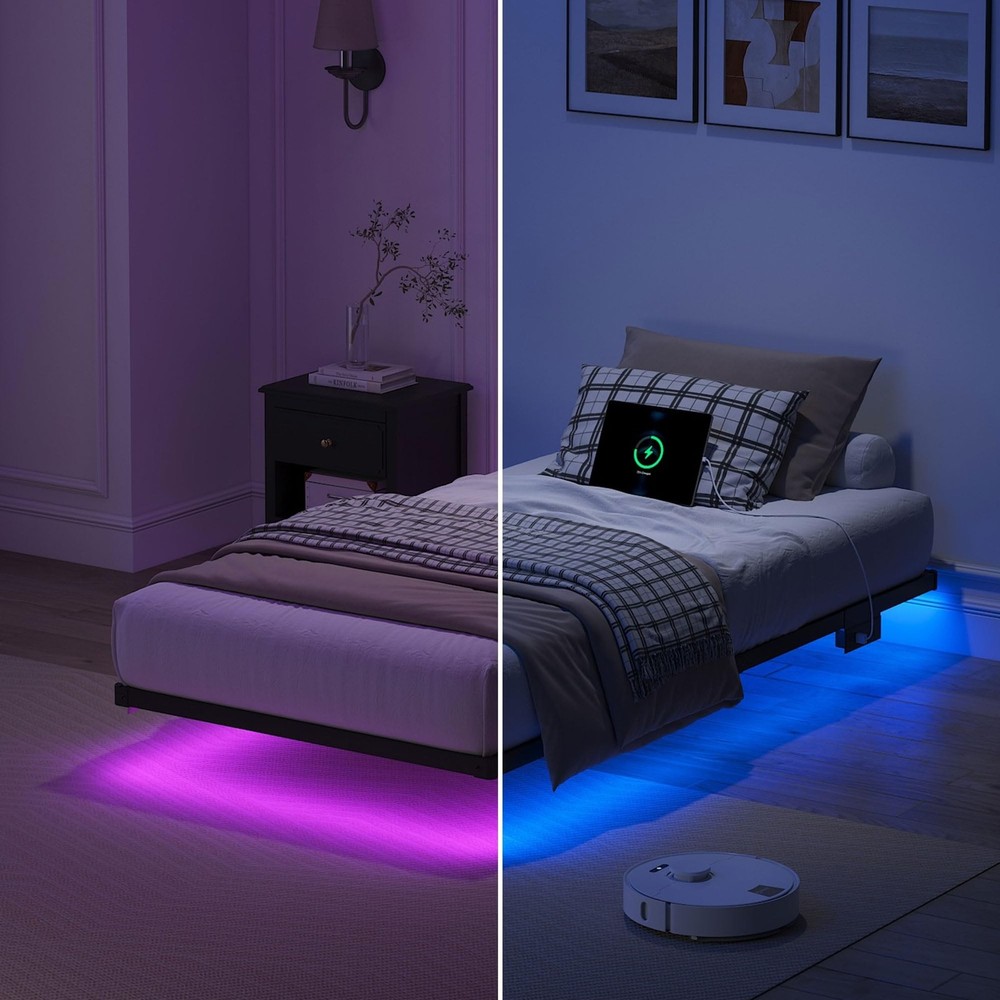 YORMDMO Floating Bed Frame Twin Size, Heavy Duty Bedframe with Smart LED Ligh...