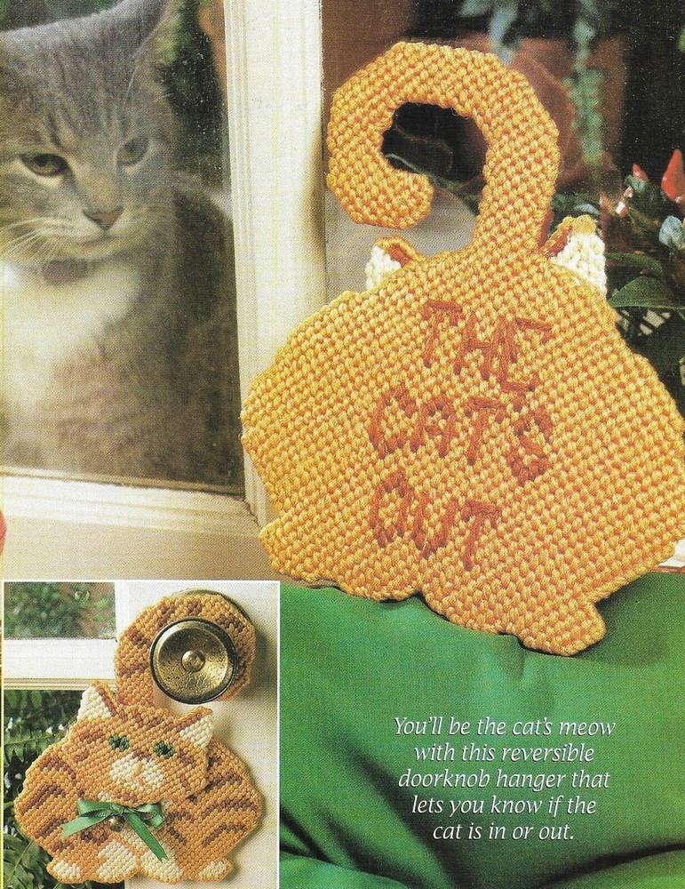 WHERE'S KITTY CAT IN OR OUT DOORKNOB SIGN PLASTIC CANVAS PATTERN INSTRUCTIONS