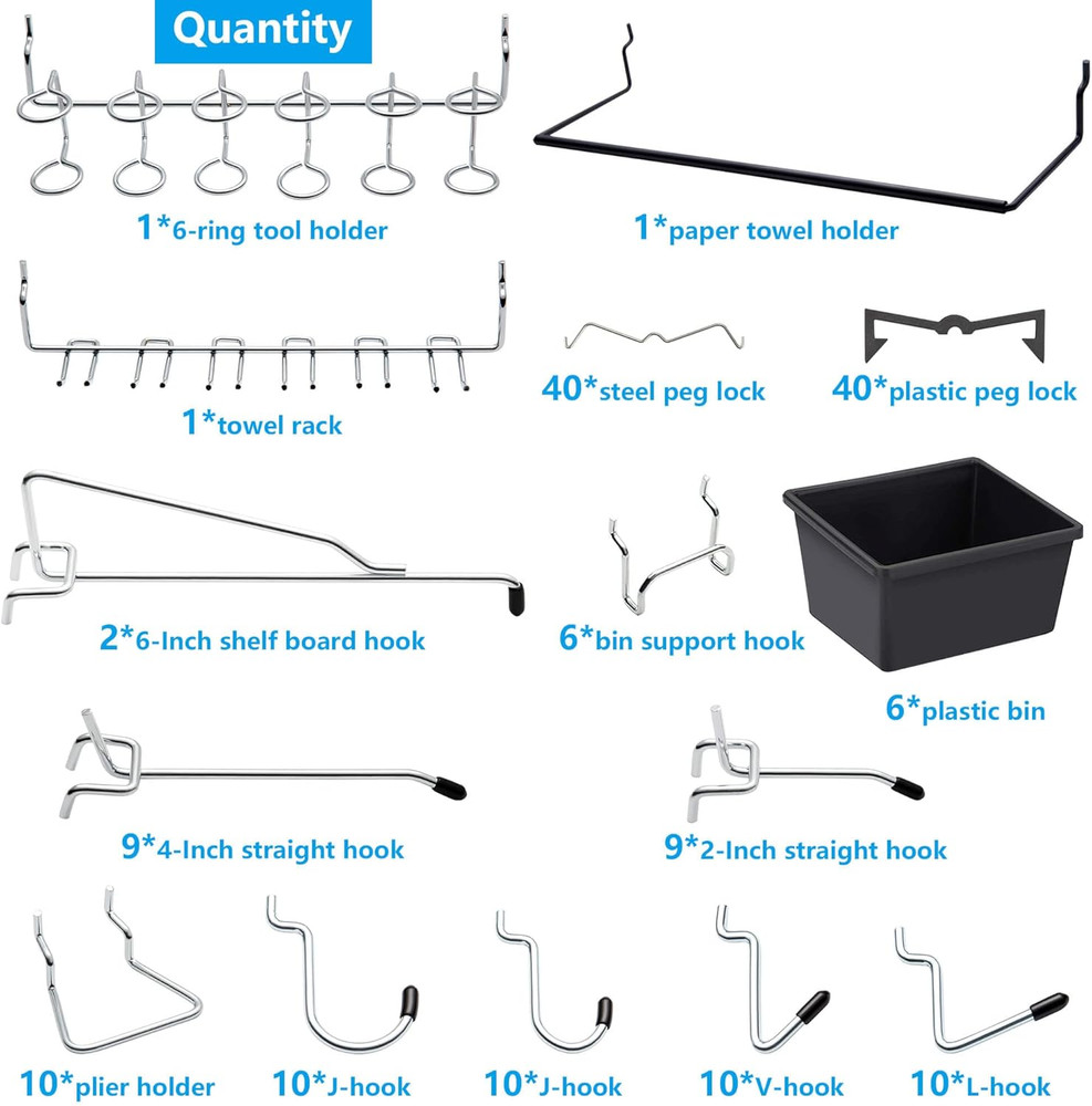 Pegboard Hooks Assortment, for Organizing Various Tools, with Pegboard Bins, 165