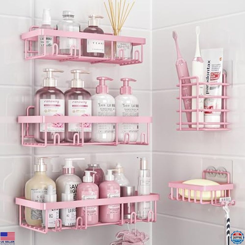 5 Pack Shower Caddy Organizer Rack, Rustproof Stainless Steel, Pink Storage