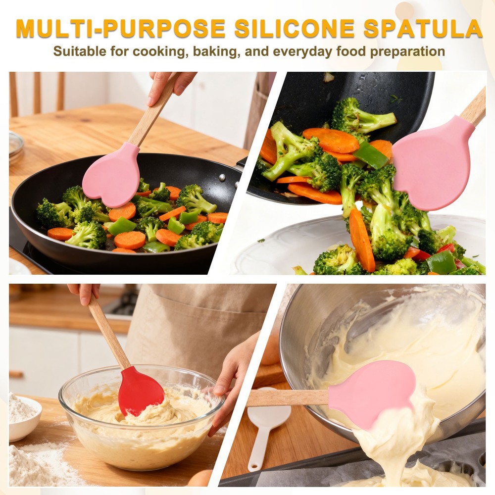 2 Pack Silicone Spatula with Wood Handle, Silicone Kitchen Spatula, Pink