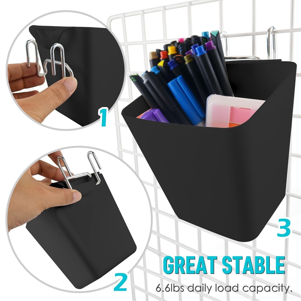 Large Grid Wall Bins - 6Pack Black Gridwall Hanging Cups with Back Hooks - Pl...