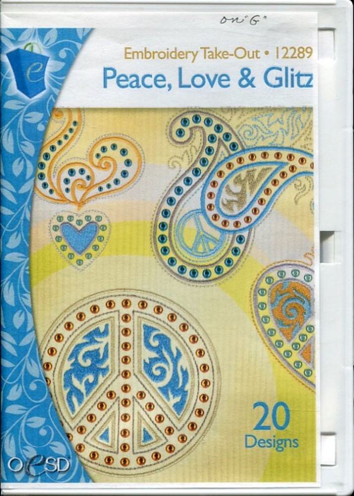 EMBROIDERY TAKE OUT- PEACE, LOVE & GLITZ - 20 DESIGNS - PACK # 12289 -0ESD