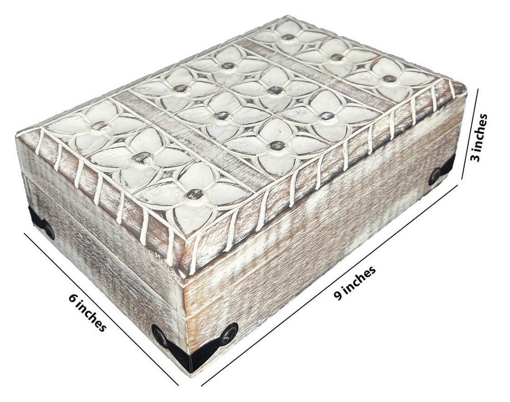 Whitewashed Mango Wood Engraved Box