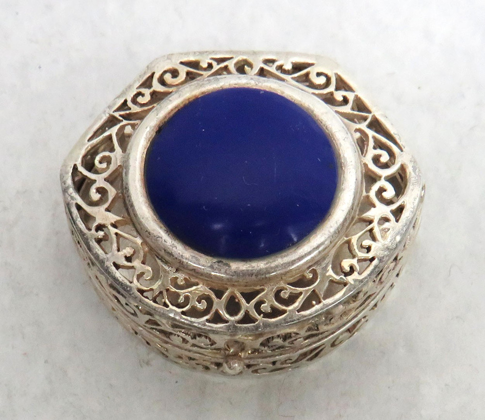 VINTAGE STERLING SILVER BLUE STONE PILL BOX