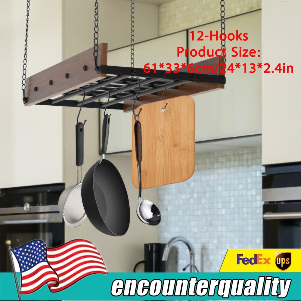 Black and Brown Ceiling Mounted Pot Rack Hanging Pots and Pans Organizer w/Hooks