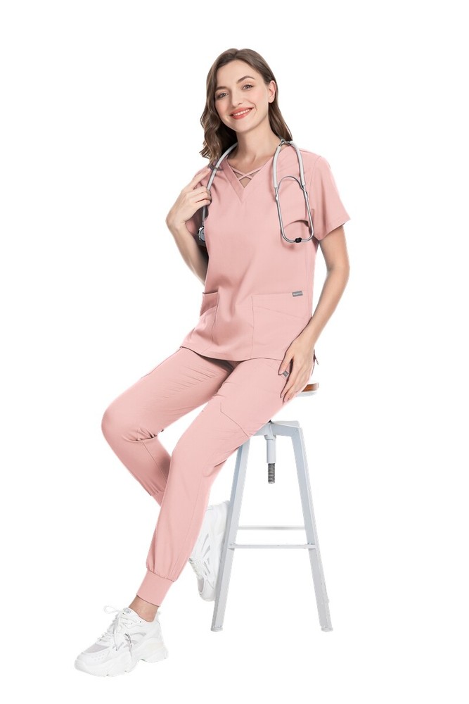 Stretch Scrub Set Women Solid Medical Nursing Hospital Scrub Working Uniform Set