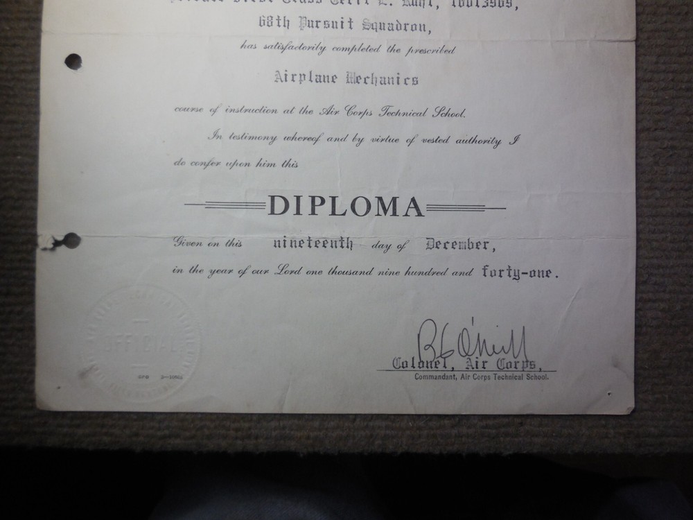 WWII 1941 USAAC Technical School Training Certificate 68th Pursuit Squadron