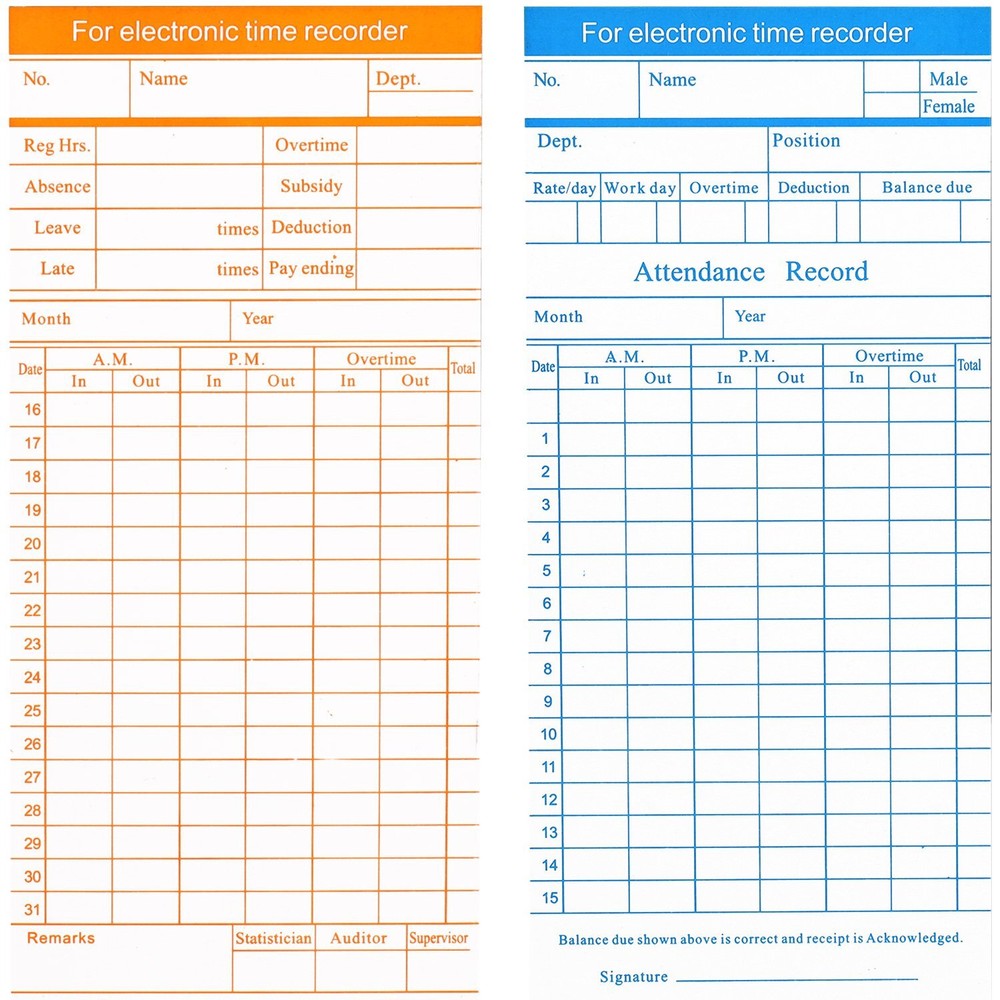 Time Cards, Monthly Timesheet, Clock Timecard, 6 Column 2-Sided Card - 100pcs