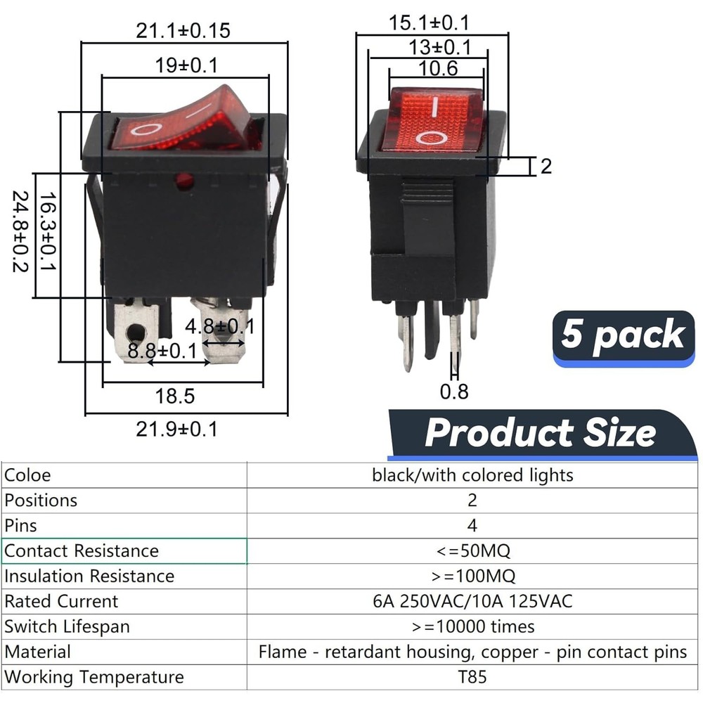 5 Pack Mini Rocker Switch - On-Off Power Toggle with Red LED Light for Projects