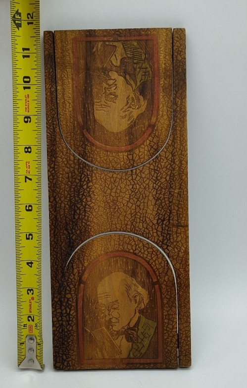 Vintage Antique Pyrography Wood Folding Bookends Old Man Reading Double-Sided
