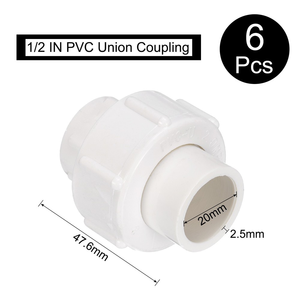 6 Pcs 1/2" Union PVC Coupling Pipe Fitting Adapter, White