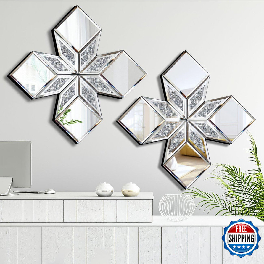 VOHJD Crushed Diamond Decorative Mirror 2-Pack 16.75" Diamond Shape Glass