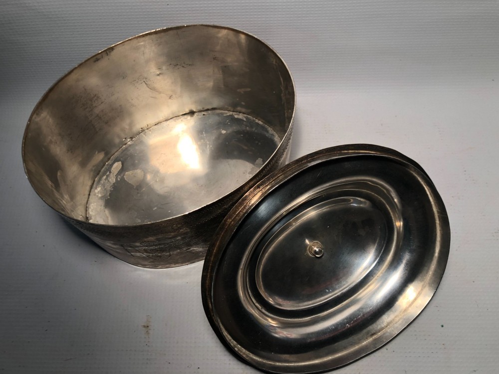 Vintage Silver Plate Copper Tea Caddie Container Engraved Design