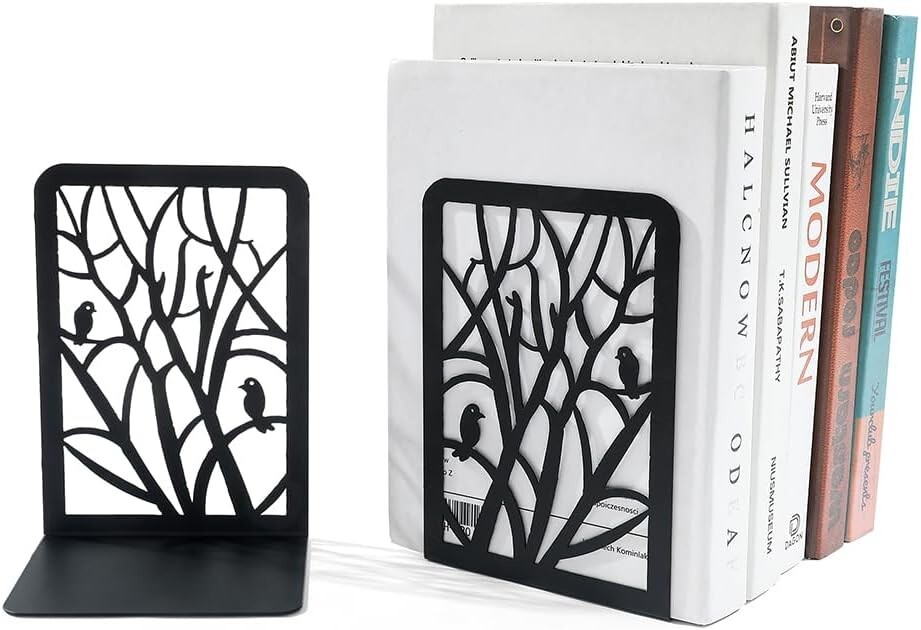 Black Bird on Tree Bookends - Classic Tree Shadow Book Ends for Shelves, Heavy D