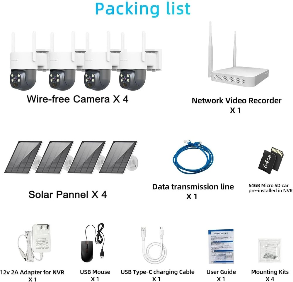 Solar Security Camera Outdoor Wireless NVR Security Kit, 4PCS 360° WiFi Security