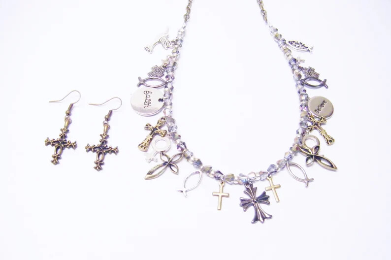 Assorted Crosses/Religious Emblem Necklace/Earrings Set