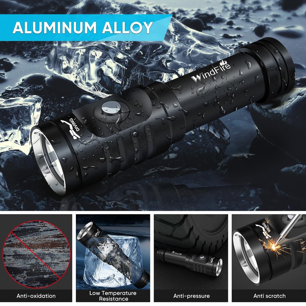 WINDFIRE Dive Light Scuba Diving Flashlight, Super Black-TS08, Black-TS08