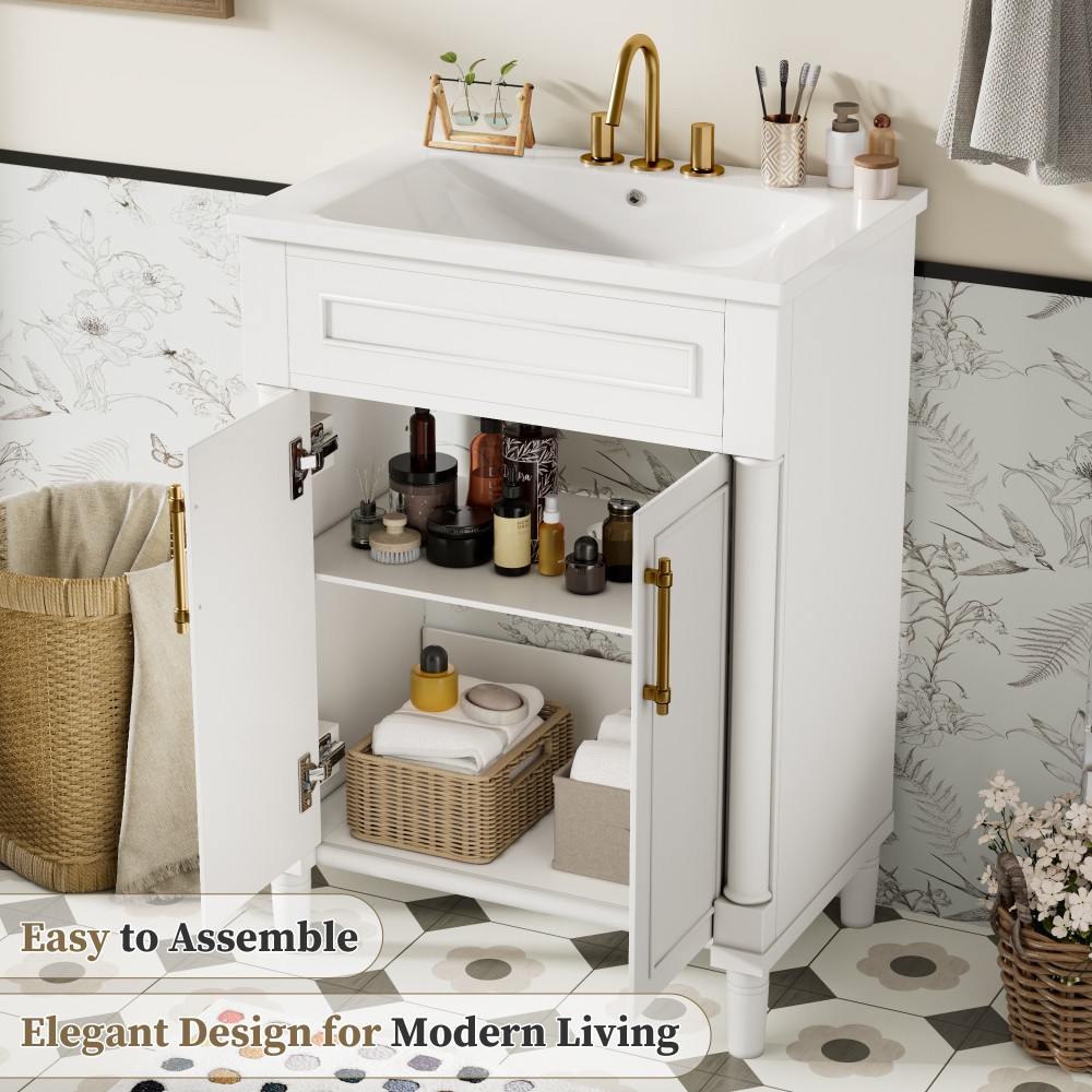 24in Bathroom Vanity Integrated Ceramic Sink 2 Doors Small Medium Restroom