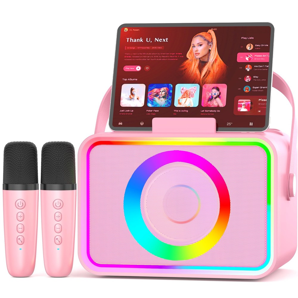Karaoke Machine,Portable Bluetooth Speaker with 2 Wireless Microphone Pink