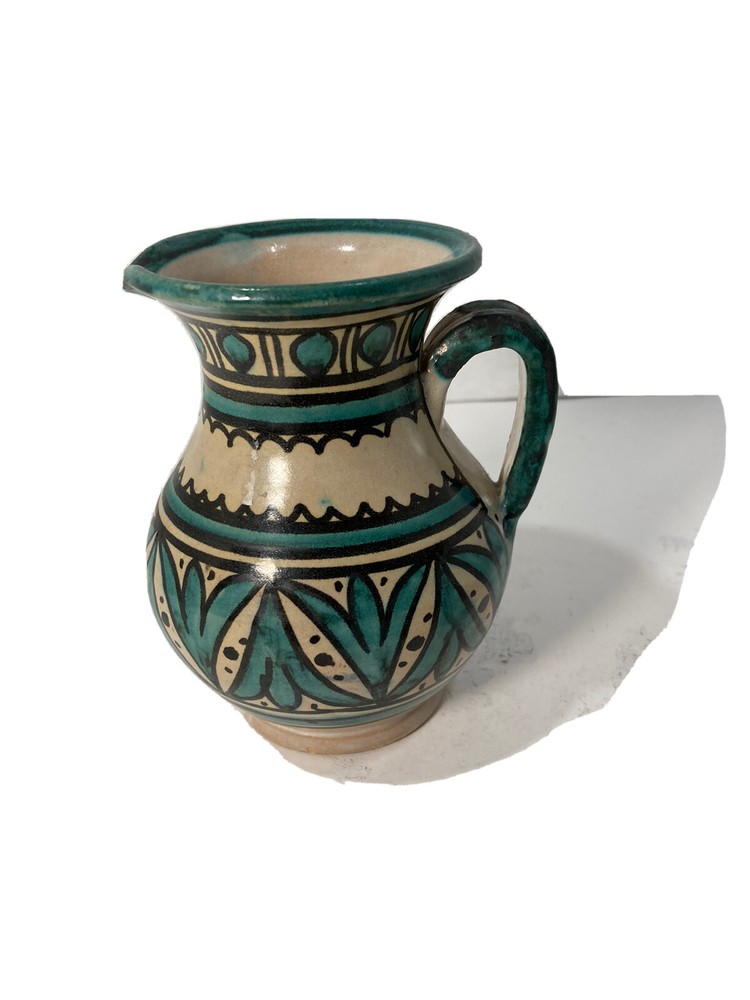Art Pottery Small 5” Pitcher Green & Black Design-Signed