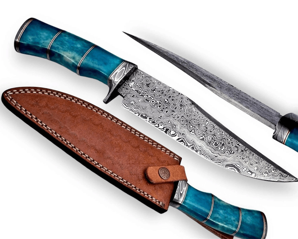 Handmade Damascus Bowie Knife Sharp Blade Camel Bone Handle With Leather Sheath