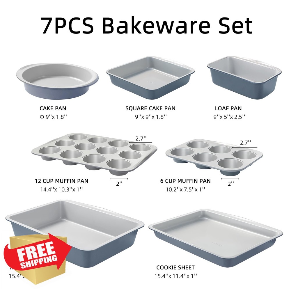 CAROTE 7pc Nonstick Stackable Baking Pans Set, Gray/Blue Bakeware