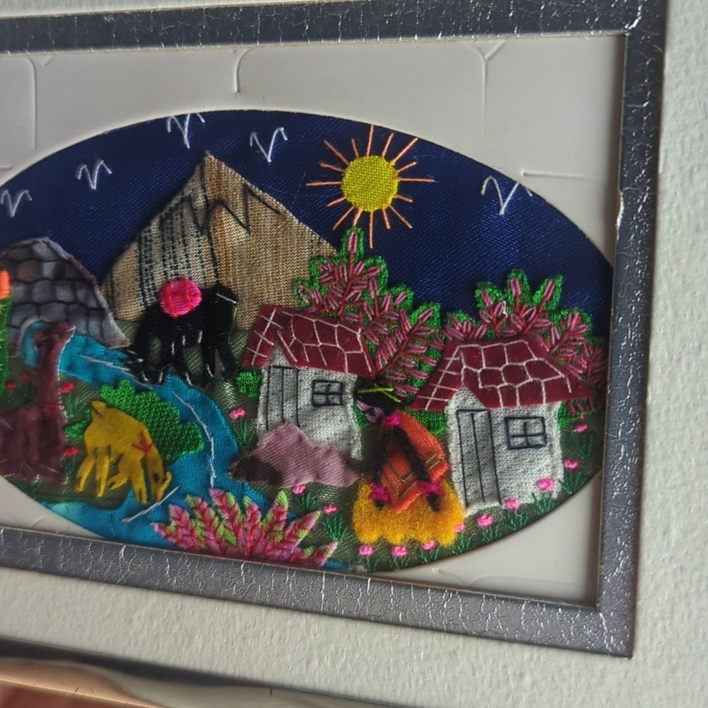 Framed Folk Boho Embroidery Patchwork Scene Hand-Stitched Textile Patchwork Art